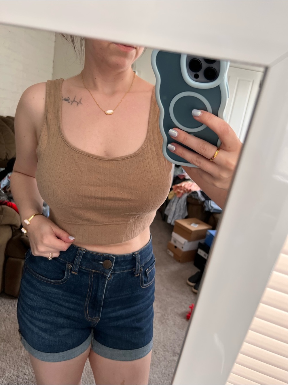 American Eagle Outfitters Ribbed Scoop Crop Tank - Tan